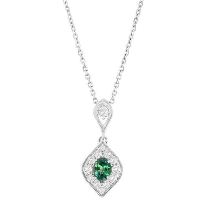 Oval Alexandrite & Diamond Marquise Shape Halo Pendant in White Gold