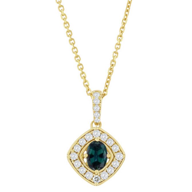 Oval Alexandrite & Diamond Rounded Square Halo Pendant in Yellow Gold