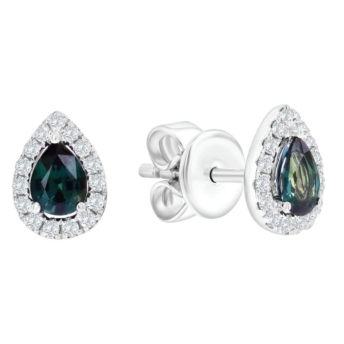 Pear Shape Alexandrite & Diamond Halo Stud Earrings in White Gold