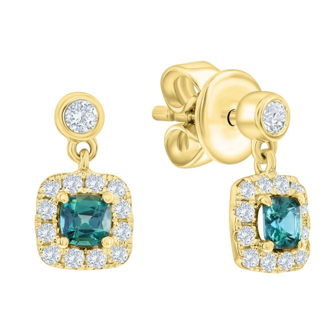 Cushion Cut Alexandrite & Diamond Halo Drop Earrings in Yellow Gold