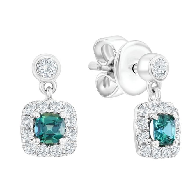 Cushion Cut Alexandrite & Diamond Halo Drop Earrings in White Gold