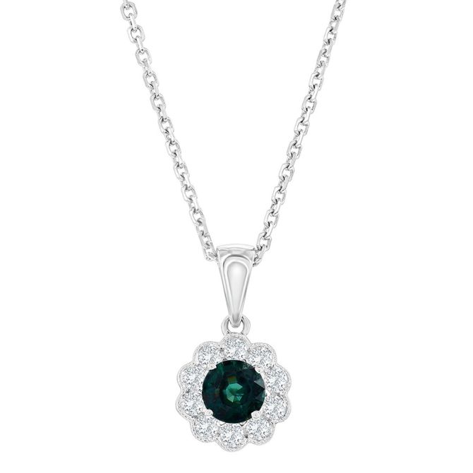 Round Alexandrite & Diamond Floral Halo Pendant in White Gold