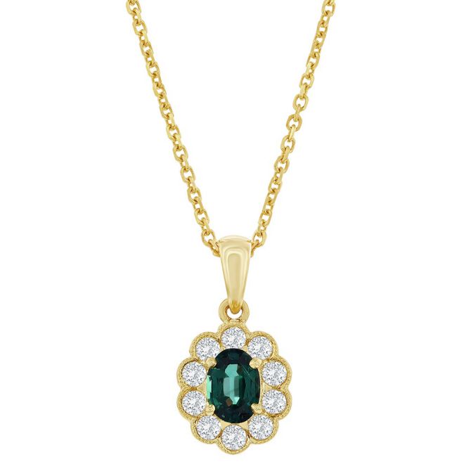 Oval Alexandrite & Diamond Floral Halo Pendant in Yellow Gold