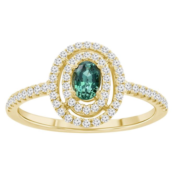 Oval Alexandrite & Double Diamond Halo Ring in Yellow Gold