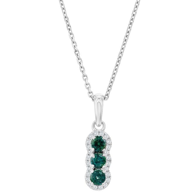 Round Alexandrite Trio & Diamond Halo Pendant in White Gold