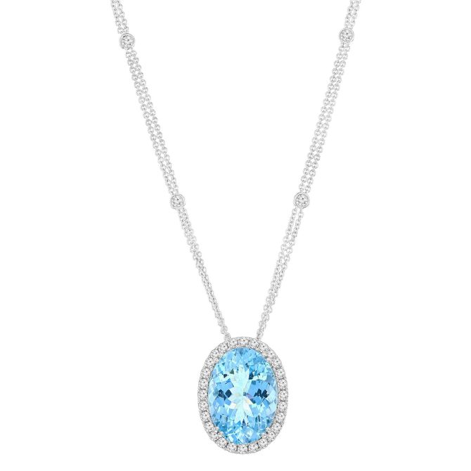 Oval Aquamarine & Diamond Halo Double Strand Necklace in White Gold