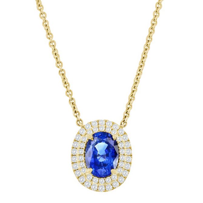 Oval Sapphire & Double Diamond Halo Pendant in Yellow Gold