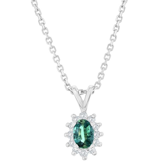 Oval Alexandrite & Diamond Pointed Halo Pendant in White Gold