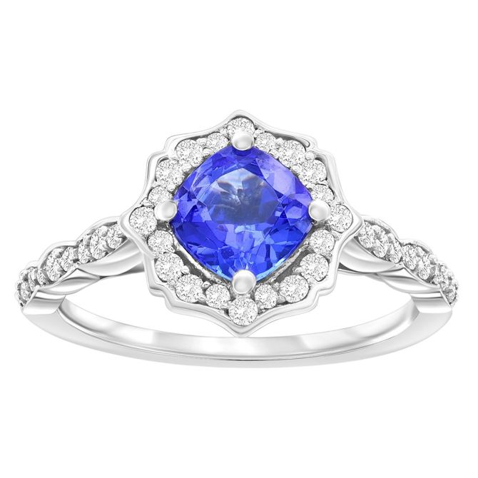 Cushion Cabochon Tanzanite & Diamond Scalloped Halo Ring in White Gold