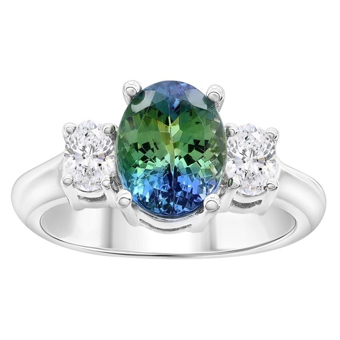 Oval Multicolored Tanzanite & Diamond Side Stone Ring in White Gold