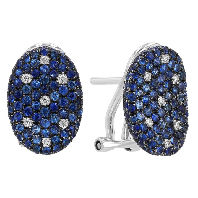 Sapphire & Diamond Pave Curved Oval Leverback Post Earrings in White Gold & Black Rhodium