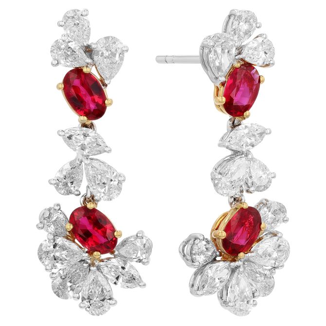 Oval Ruby & Multi Shaped Diamond Cascade Long Drop Earrings in Yellow & White Gold