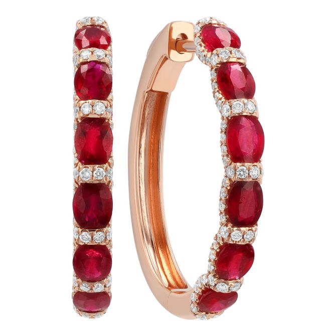 Oval Ruby & Diamond Contoured Halo Hoop Earrings in Rose Gold