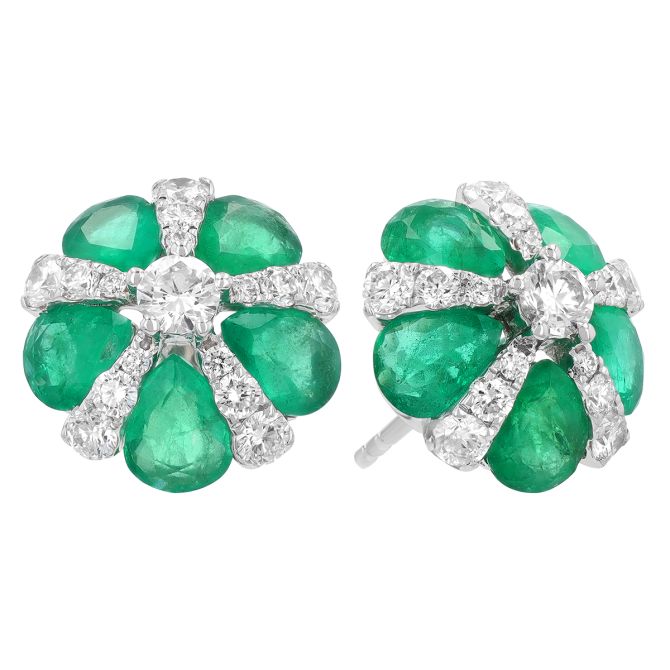 Pear Shaped Emerald & Diamond Flower Stud Earrings in White Gold