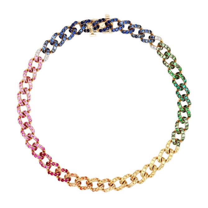 Multicolored Rainbow Sapphire Curb Chain Bracelet in Yellow Gold, 7"