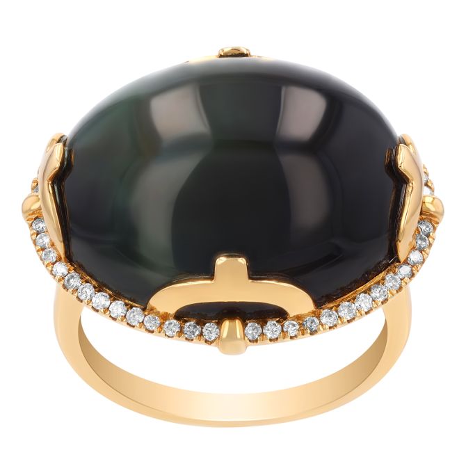 Oval Cabochon Tourmaline & Diamond Halo Ring in Yellow Gold