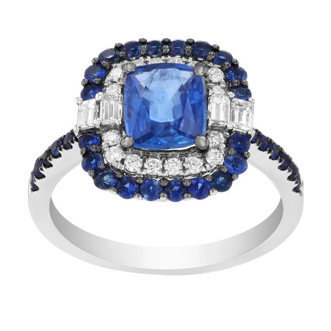 Cushion Sapphire Ring with Multi Shaped Diamond and Sapphire Halo in White Gold