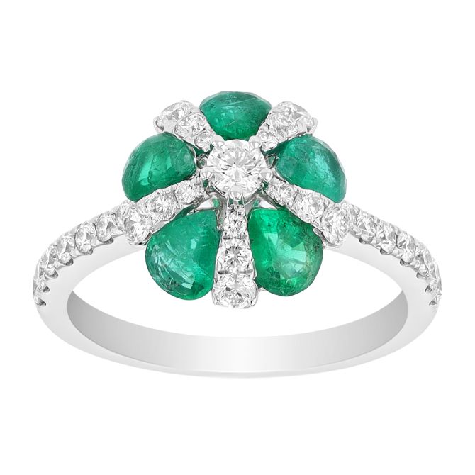 Pear Shaped Emerald & Diamond Flower Ring in White Gold