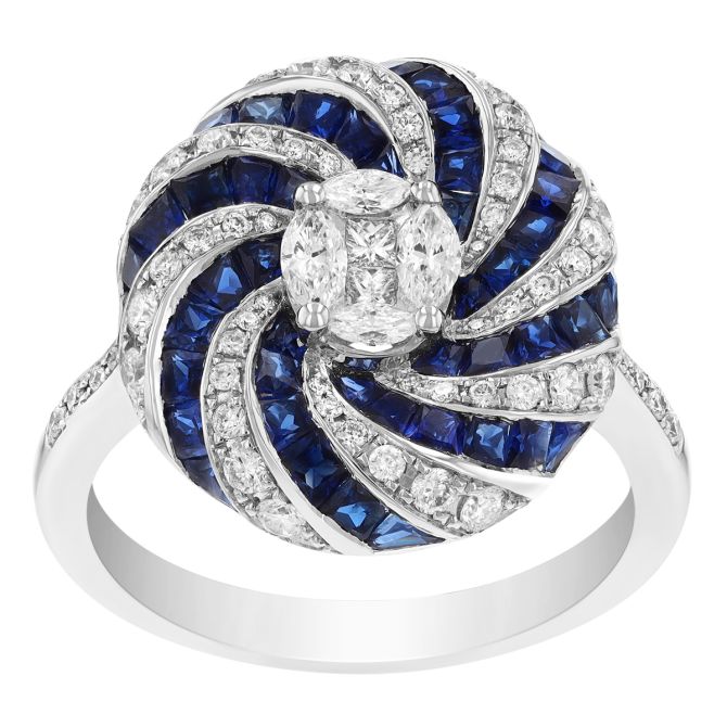 Multi Shaped Sapphire & Diamond Swirl Disc Cocktail Ring in White Gold