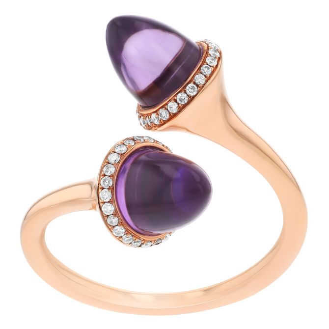 Amethyst Cabochon Endcap & Diamond Halo Bypass Ring in Rose Gold