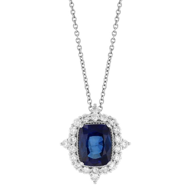 Cushion Cut Sapphire & Diamond 4 Point Halo Pendant in White Gold, 18"