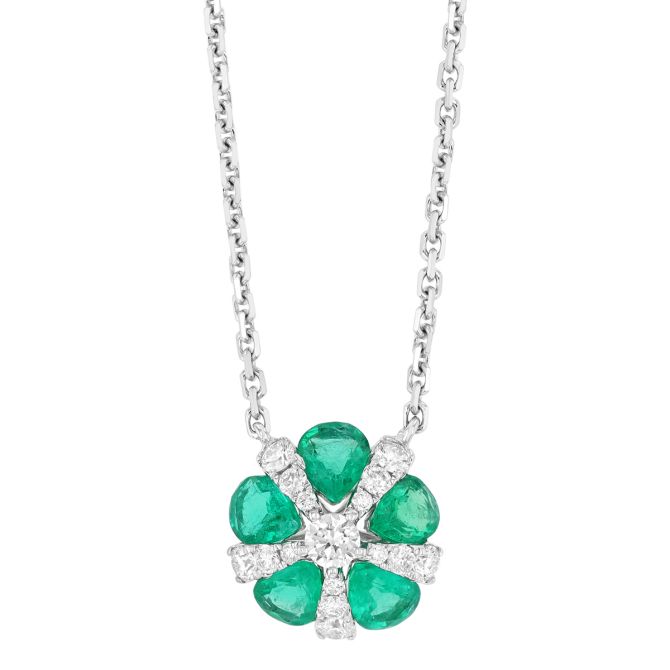 Pear Shaped Emerald & Diamond Flower Necklace in White Gold, 18"