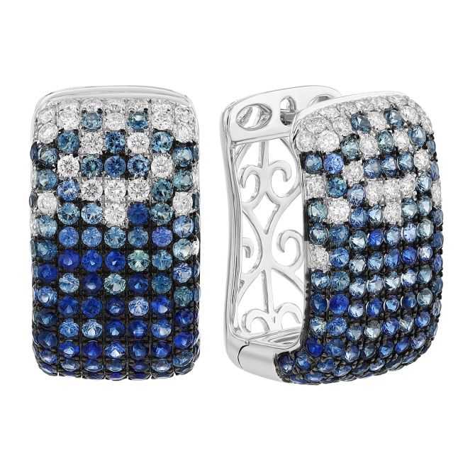 Blue Sapphire & Diamond Ombre Pave Rectangle Hoop Earrings in White Gold