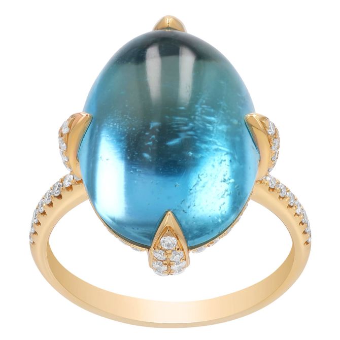 Oval Aquamarine Cabochon & Diamond Claw Prong Ring in Yellow Gold