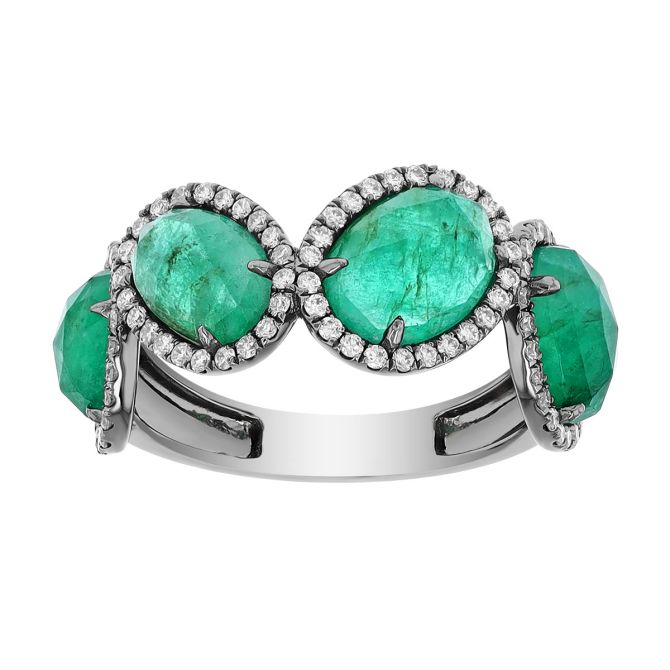 Rose Cut Oval Emerald & Diamond Halo 4 Stone Tilt Ring in White Gold