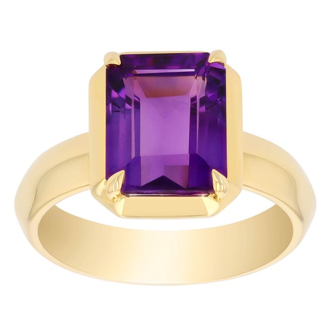 Emerald Cut Amethyst Solitaire Ring in Yellow Gold