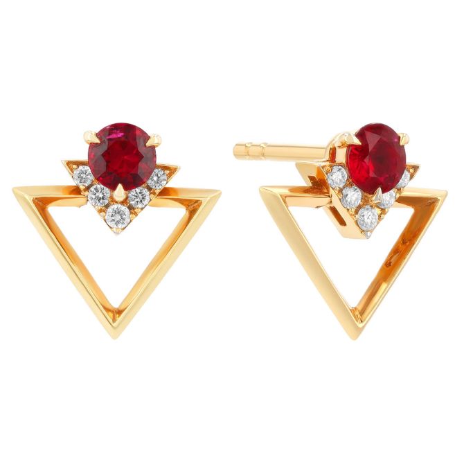 Ruby & Diamond Triangle Geometric Stud Earrings in Yellow Gold