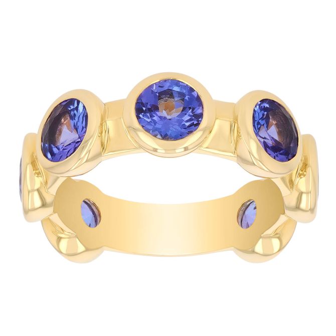 Bezel Set Round Tanzanite Station Ring in Yellow Gold