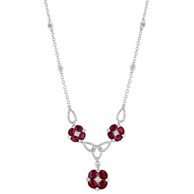 Oval Ruby & Diamond Cluster Trio Necklace in White Gold, 16"