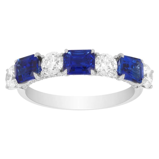 Emerald Cut Sapphire & Round Diamond Alternating Pattern Ring in White Gold