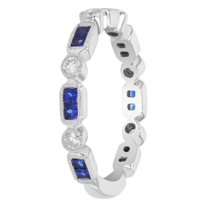 Princess Cut Sapphire & Diamond Alternating Pattern Milgrain Ring in White Gold