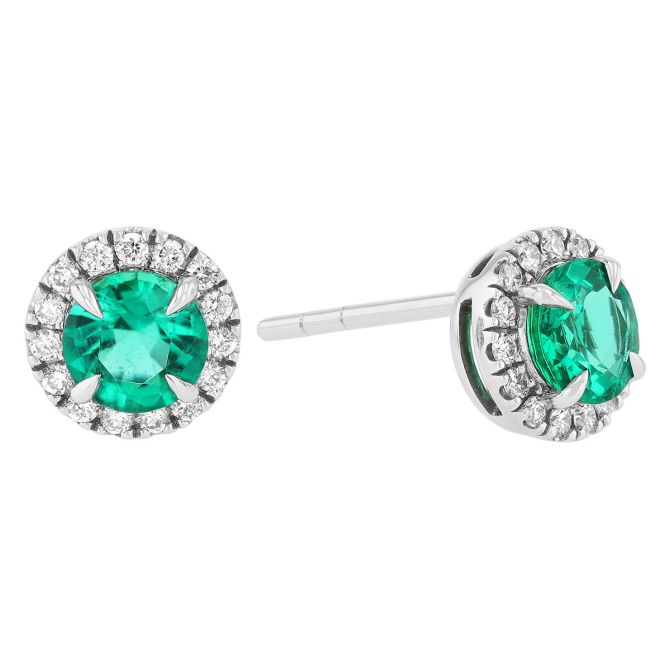 Round Emerald & Diamond Halo Stud Earrings