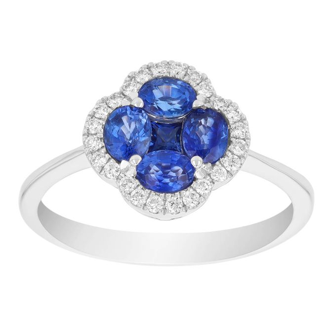 Sapphire Cluster & Diamond Halo Quatrefoil Ring in White Gold