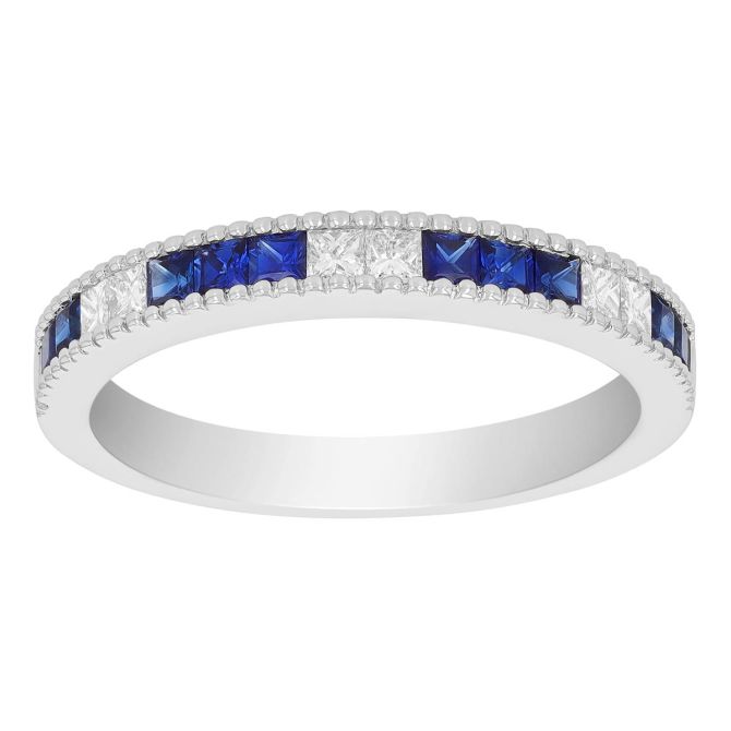 Princess Cut Sapphire & Diamond Channel Set Beaded Edge Ring in White Gold