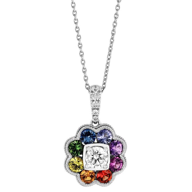 Multicolored Rainbow Sapphire & Diamond Floral Pendant in White Gold