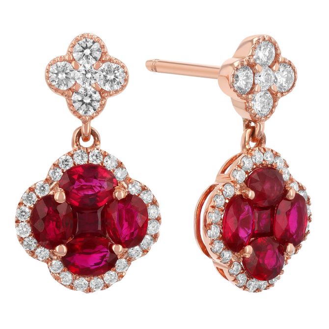 Oval & Princess Cut Ruby Cluster & Diamond Dangle Earrings in Rose Gold