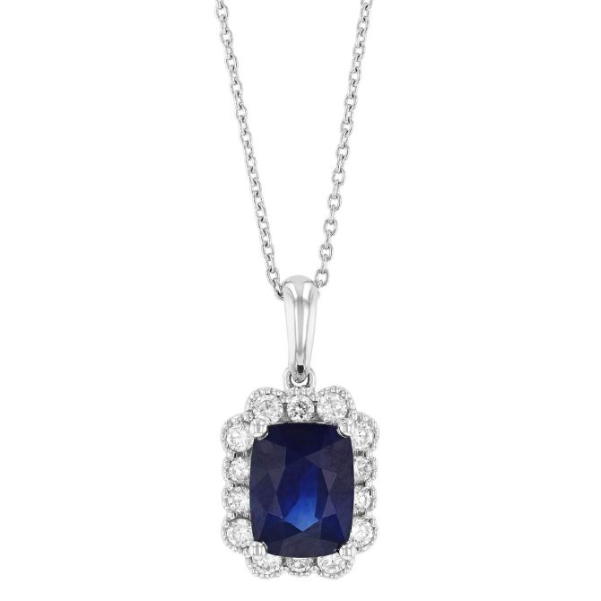 Radiant Cut Sapphire & Scalloped Diamond Halo Pendant in White Gold