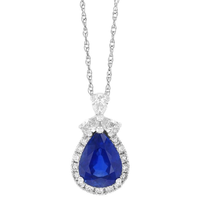 Pear Shape Sapphire & Diamond Halo Pendant in White Gold