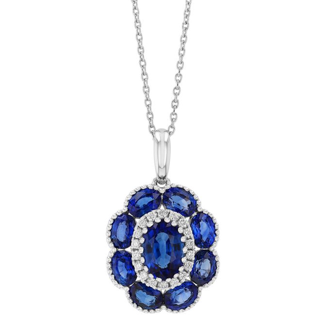 Oval Sapphire & Diamond Floral Cluster Pendant in White Gold