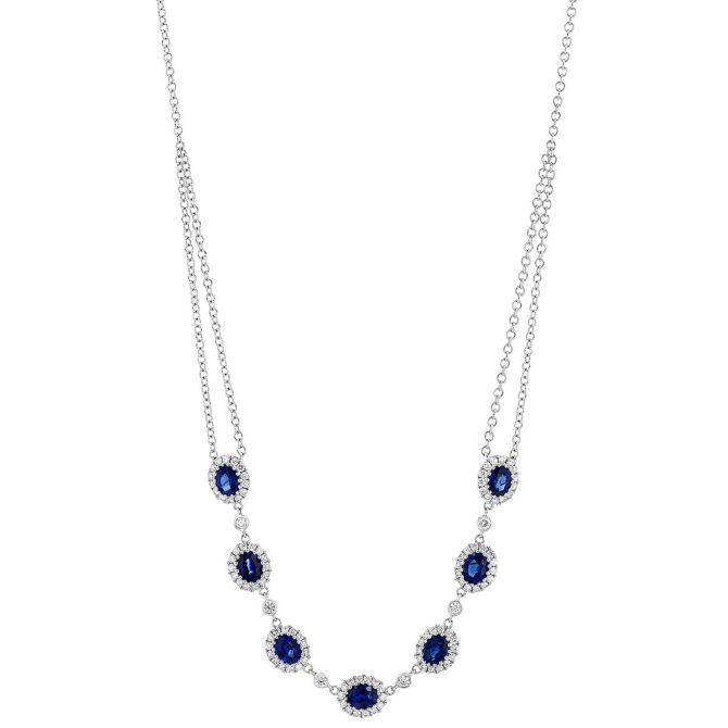 Oval Sapphire & Diamond Halo Double Strand Necklace in White Gold, 16"