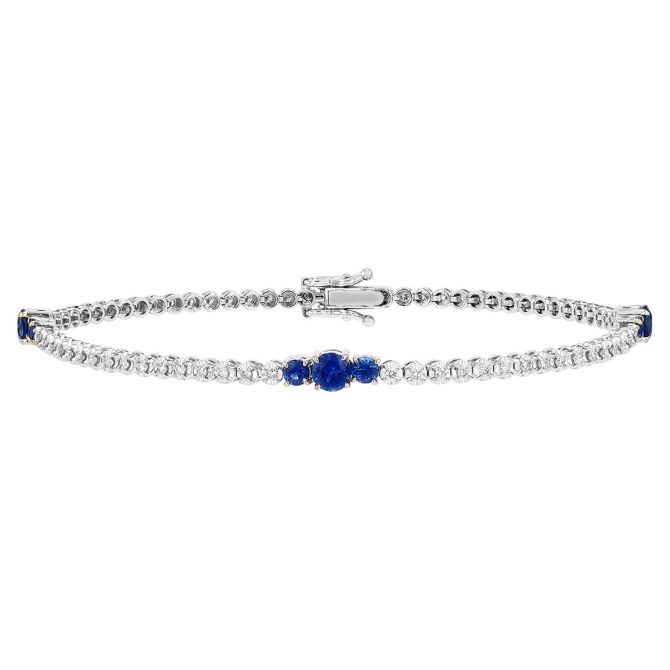 Diamond & Sapphire Trio Station Tennis Bracelet in White Gold, 7"