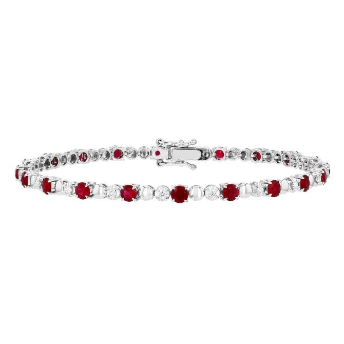 Ruby & Diamond Tennis Bracelet in White Gold, 7"