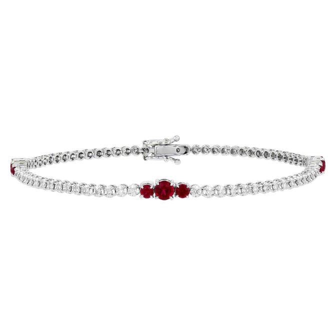 Diamond & Ruby Trio Station Tennis Bracelet in White Gold, 7"