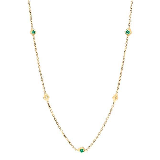 Yellow Gold Kite Station Necklace with Emerald Accents, 33"