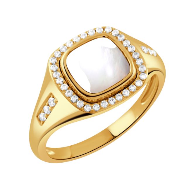 Doves White Orchid Quartz & Mother of Pearl Ring in Yellow Gold with Diamond Halo