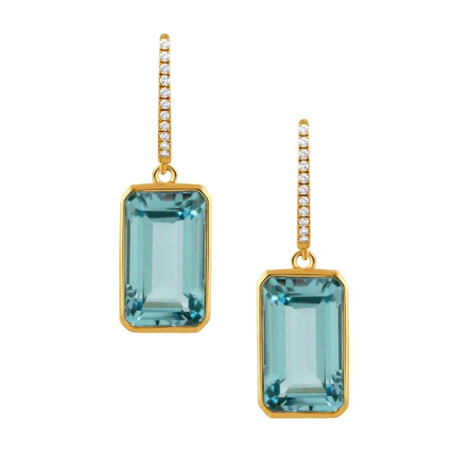 Doves Sky Blue Emerald Cut Topaz & Diamond Dangle Earrings in Yellow Gold